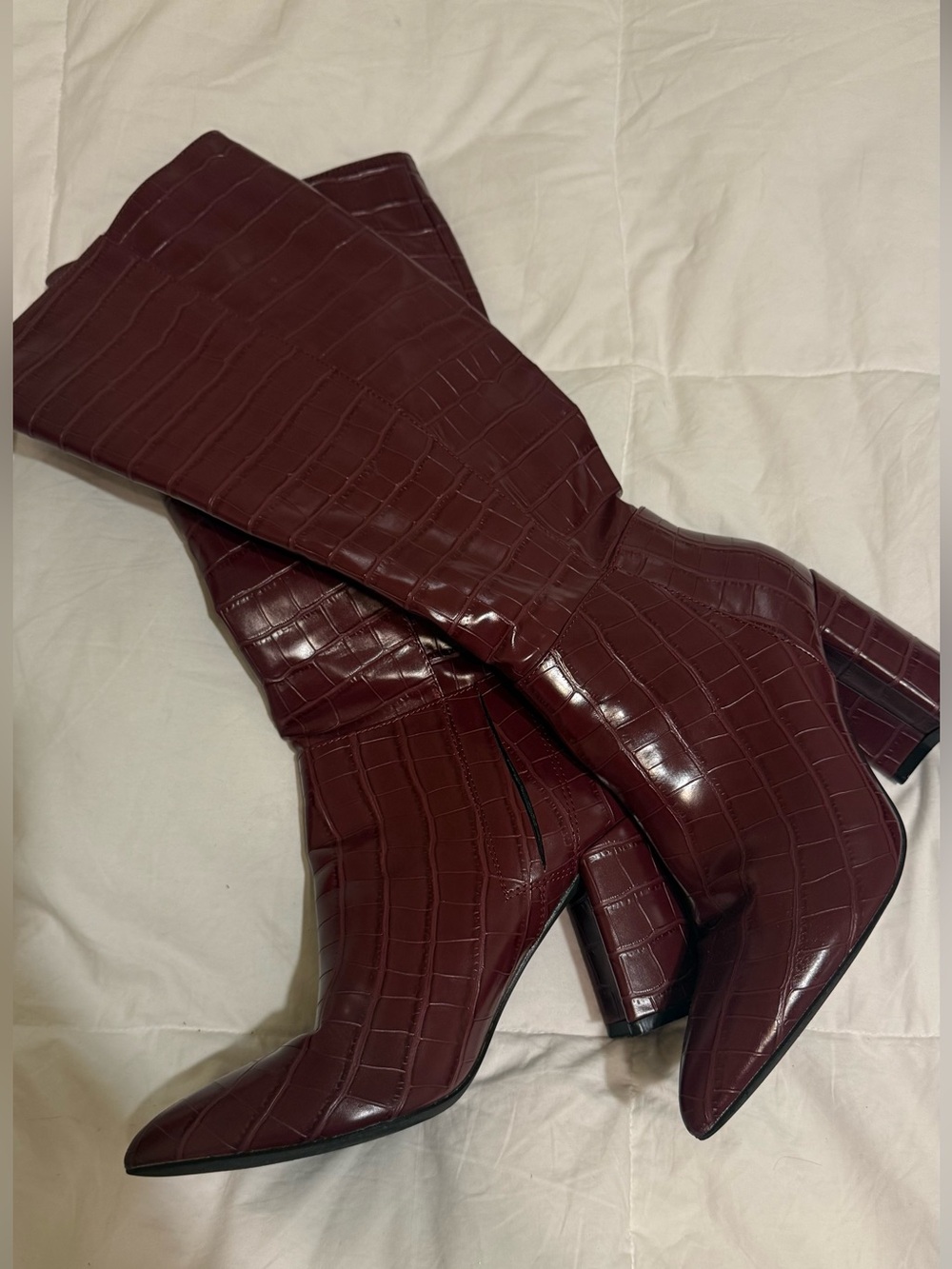 Lulu's Croc-Embossed Over-the-Knee Boots in Deep Wine